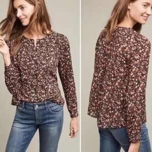 Anthropologie Brown Floral Button-Down Blouse